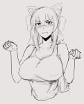  1girl animal_ears artist_request bare_shoulders blush bow breasts cat_day cat_ears commentary embarrassed english_commentary fang hair_between_eyes hair_bow highres huge_breasts long_hair monochrome noihara_himari omamori_himari open_mouth paw_pose ponytail sketch solo very_long_hair 