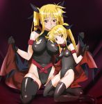  2girls bare_shoulders black_gloves black_legwear black_leotard blonde_hair blush boots breasts cape covered_navel covered_nipples dual_persona fate_testarossa gloves hair_ribbon highleg highleg_leotard highres knee_boots large_breasts leotard long_hair looking_at_viewer lyrical_nanoha magical_girl mahou_shoujo_lyrical_nanoha mahou_shoujo_lyrical_nanoha_strikers multiple_girls older ontaros parted_lips red_eyes ribbon shiny shiny_clothes shiny_hair shiny_skin skin_tight small_breasts smile taut_clothes thigh-highs time_paradox twintails very_long_hair 