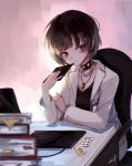  1girl bangs black_hair chair choker coat computer desk hyde_(hai-do) jewelry keyboard_(computer) long_sleeves looking_to_the_side nail_polish necklace office office_chair office_lady persona persona_5 red_eyes short_hair sitting takemi_tae upper_body 