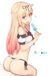  1girl :p ass bare_shoulders bikini bikini_bottom black_ribbon blonde_hair blush breasts commentary_request dan_(kumadan) dated eyebrows_visible_through_hair food gradient_hair hair_between_eyes hair_ornament hair_ribbon kantai_collection long_hair looking_at_viewer looking_back multicolored_hair popsicle red_eyes redhead ribbon saliva saliva_trail side-tie_bikini signature simple_background sitting small_breasts solo sparkle swimsuit tongue tongue_out white_background yuudachi_(kantai_collection) 