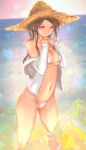  1girl bikini black_hair blurry blurry_background breasts hat highres jacket legs_apart long_hair looking_at_viewer medium_breasts navel off_shoulder open_clothes open_jacket original pandarou red_eyes smile solo standing straw_hat striped striped_bikini swimsuit water 