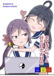  2girls akebono_(kantai_collection) bell computer cover cover_page flower hair_bell hair_flower hair_ornament hug jingle_bell kantai_collection kodachi_(kuroyuri_shoukougun) laptop long_hair multiple_girls purple_hair school_uniform serafuku short_sleeves side_ponytail translation_request ushio_(kantai_collection) very_long_hair 