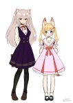  &gt;:) 2girls animal_ears arms_behind_back black_legwear blonde_hair blue_eyes blush cat_ears commentary_request dated fox_ears fox_tail full_body grey_hair hair_ornament hairclip highres kemomimi_oukoku_kokuei_housou long_hair looking_at_viewer mikoko_(kemomimi_oukoku_kokuei_housou) morikura_en multiple_girls neck_ribbon nora_cat nora_cat_channel pantyhose red_eyes ribbon simple_background sketch smile standing tail twintails twitter_username virtual_youtuber white_background 