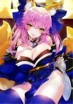  1girl animal_ears bangs bare_shoulders blue_legwear blush breasts cleavage collarbone commentary detached_sleeves ears_through_headwear eyebrows_visible_through_hair fate/grand_order fate_(series) finger_to_mouth fox_ears highres japanese_clothes kou_mashiro large_breasts long_hair obi open_mouth pink_hair sash sitting smile tamamo_(fate)_(all) tamamo_no_mae_(fate) thighs wide_sleeves yellow_eyes 