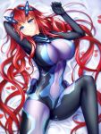  1girl ahoge blue_eyes blush bodysuit breasts cosplay gigamessy high_school_dxd large_breasts long_hair lying neptune_(series) next_purple next_purple_(cosplay) on_back petals redhead rias_gremory shin_jigen_game_neptune_vii smile solo very_long_hair 