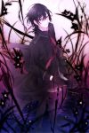  1boy absurdres black_flower black_gloves black_hair black_pants flower full_body gloves hair_between_eyes highres long_hair male_focus necktie original outdoors pants red_eyes red_neckwear short_hair smile solo standing yoizuru 