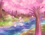  1boy 1girl absurdres bangs black_hair blue_eyes cherry_blossoms commentary couple darling_in_the_franxx dress floating_hair grass green_eyes hand_holding hetero highres hiro_(darling_in_the_franxx) horns humminginker long_hair oni_horns partially_submerged petals pink_hair red_horns river shirt short_hair shorts sleeveless sleeveless_dress sleeveless_shirt tree water white_dress white_shirt white_shorts zero_two_(darling_in_the_franxx) 