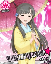  black_hair blush character_name closed_eyes idolmaster idolmaster_cinderella_girls kimomo kobayakawa_sae long_hair parasol smile stars 