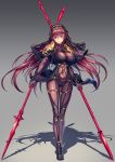  1girl bodysuit breasts covered_navel dual_wielding fate/grand_order fate_(series) full_body gae_bolg gradient gradient_background hair_intakes highres holding holding_weapon large_breasts long_hair looking_at_viewer pauldrons polearm purple_bodysuit purple_hair red_eyes scathach_(fate/grand_order) shoulder_armor solo spear standing tako_seijin veil very_long_hair weapon 