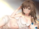 1girl bachibachi_(tisen) bangs bare_arms bare_shoulders blush bodypaint breasts brown_eyes brown_hair character_name character_pillow cleavage collarbone eyebrows_visible_through_hair girls_frontline groin hair_ornament hairclip hand_in_hair highres k-2_(girls_frontline) light_particles long_hair looking_at_viewer lying medium_breasts naked_sheet navel on_side panties pantyhose pillow pillow_hug shiny shiny_skin sidelocks smile solo stomach suomi_kp31_(girls_frontline) thighs underwear