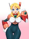  1girl alia_(rockman) android arm_cannon armor bangs blonde_hair blue_eyes blush bodysuit breasts cowboy_shot eyebrows_visible_through_hair gloves gradient gradient_background hair_between_eyes hand_on_hip headgear highres konboi-eg large_breasts long_hair looking_at_viewer open_mouth robot_ears rockman rockman_x rockman_x8 smile solo thigh_gap weapon 