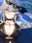  1girl azur_lane bangs black_choker black_gloves blue_eyes blue_sky breasts choker cleavage clouds collarbone cross cross_necklace day deal_with_it earrings eyes_visible_through_hair gloves hair_between_eyes head_tilt highres holding holding_eyewear jewelry large_breasts looking_at_viewer meme mole mole_on_breast necklace outdoors r_n_(kisaragiyurii) shade short_hair sidelocks silver_hair sky sleeveless smile solo sunglasses washington_(azur_lane) 