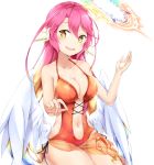  1girl blue_hair blush breasts collarbone eyebrows_visible_through_hair feathered_wings hair_between_eyes halo halterneck head_tilt ikasoke_(likerm6au) jibril_(no_game_no_life) long_hair looking_at_viewer lotion medium_breasts multicolored_hair navel no_game_no_life one-piece_swimsuit open_mouth orange_eyes orange_hair orange_swimsuit pink_hair sarong sitting smile solo sunscreen swimsuit tattoo very_long_hair white_wings wings 