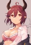  1girl ahoge bra breasts cleavage closed_mouth commentary_request eyebrows_visible_through_hair granblue_fantasy highres horns koretsuki_azuma medium_breasts open_clothes open_shirt pointy_ears red_bra red_eyes redhead shirt short_hair sketch solo underwear upper_body white_shirt wings 