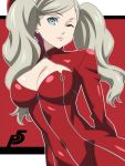  1girl ;) bangs blue_eyes bodysuit breasts cleavage covered_navel earrings gloves grey_hair jewelry large_breasts long_hair one_eye_closed persona persona_5 pink_gloves pink_lips ra-pen red_background red_bodysuit smile stud_earrings swept_bangs takamaki_anne twintails zipper 