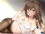 1girl bachibachi_(tisen) bangs bare_arms bare_shoulders bed_sheet black_panties blush bodypaint breasts brown_eyes brown_hair brown_legwear character_name character_pillow cleavage collarbone eyebrows_visible_through_hair girls_frontline hair_ornament hairclip hand_in_hair highres k-2_(girls_frontline) light_particles long_hair looking_at_viewer lying medium_breasts navel on_side panties pantyhose pillow pillow_hug sidelocks smile solo stomach suomi_kp31_(girls_frontline) thighband_pantyhose topless underwear