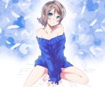  1girl barefoot bed_sheet blue_eyes blue_sweater blush breasts brown_hair cleavage collarbone eyebrows_visible_through_hair hair_between_eyes head_tilt heart highres love_live! love_live!_sunshine!! naked_sweater short_hair sitting small_breasts smile solo sweater watanabe_you white_feathers zero-theme 