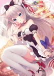  1girl amane_kurumi american_flag animal_ears azur_lane bangs black_bow black_dress blue_eyes blush bow breasts cake commentary_request corset doughnut dress eating eyebrows_visible_through_hair food food_on_face fork hair_bow hammann_(azur_lane) highres holding_skirt knife long_hair looking_at_viewer outstretched_arm red_ribbon ribbon silver_hair sitting small_breasts solo thigh-highs thighs tsundere tsurime white_legwear wrist_cuffs 