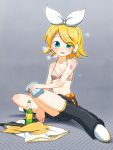  1girl aqua_eyes bare_shoulders blonde_hair bottle bra breasts collarbone commentary_request eyebrows_visible_through_hair eyes_visible_through_hair full_body green_eyes grey_background hair_ornament hair_ribbon hairclip headset highres kagamine_rin looking_at_viewer ribbon sat-c shirt_removed short_hair shorts sitting small_breasts solo sweat towel underwear vocaloid white_ribbon 