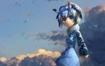  1girl aircraft airplane blue_coat blue_eyes blue_hair cerulean_eagle_owl clouds coat commentary_request eurasian_eagle_owl_(kemono_friends) eyebrows_visible_through_hair fur_collar grey_hair head_wings kemono_friends long_sleeves looking_at_viewer multicolored_hair short_hair simple_background smile solo welt_(kinsei_koutenkyoku) 