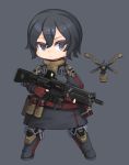  1girl :&lt; armor bag black_eyes black_footwear black_hair black_skirt chibi explosive gloves grenade gun hair_between_eyes holding holding_weapon long_coat original ran_system red_gloves rifle satchel short_hair skirt tsurime weapon 