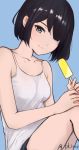  1girl absurdres artist_name bangs bare_legs black_hair blue_eyes bob_cut camisole food hair_over_one_eye hand_on_own_knee highres light_smile looking_at_viewer original pk_trap popsicle short_hair shorts simple_background sitting solo 