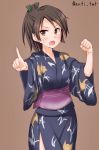  1girl animal_print anti_(untea9) black_kimono brown_background brown_eyes brown_hair clenched_hand commentary cowboy_shot fish_print highres japanese_clothes kantai_collection kimono looking_at_viewer open_mouth pointing ponytail print_kimono qawsedrftgyhujikolp shikinami_(kantai_collection) short_hair short_ponytail simple_background solo twitter_username yukata 