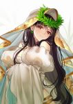  1girl bangs bare_shoulders black_hair bodysuit breasts bridal_veil cleavage closed_mouth commentary cosplay detached_sleeves earrings eyebrows_visible_through_hair fate/extra fate/extra_ccc fate/grand_order fate_(series) full-length_zipper head_wreath ishtar_(fate/grand_order) jewelry leotard lock long_hair looking_at_viewer nero_claudius_(bride)_(fate) nero_claudius_(bride)_(fate)_(cosplay) nero_claudius_(fate)_(all) padlock puffy_sleeves red_eyes simple_background smile solo veil white_background white_bodysuit white_leotard yaoshi_jun zipper zipper_pull_tab 