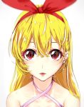  1girl absurdres aikatsu! aikatsu!_(series) blonde_hair brown_eyes collarbone earrings hair_between_eyes hair_ribbon hairband halterneck highres hoshimiya_ichigo jewelry long_hair open_mouth portrait red_hairband red_ribbon ribbon simple_background solo star star_earrings takuwanko white_background 