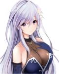  1girl bangs blue_gloves breasts character_request cleavage collarbone elbow_gloves eyebrows_visible_through_hair gloves hair_ornament large_breasts long_hair nannacy7 see-through shiny shiny_clothes silver_hair smile solo standing upper_body very_long_hair violet_eyes white_background 