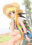  1girl blonde_hair blurry blurry_background blush diesel-turbo fate_testarossa hair_ribbon hat long_hair looking_at_viewer lyrical_nanoha mahou_shoujo_lyrical_nanoha mizuki_nana open_mouth red_eyes ribbon seiyuu_connection sitting solo 