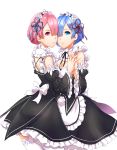  2girls apron asymmetrical_docking blue_eyes blue_hair breast_press breasts cleavage detached_sleeves frills hair_ornament hair_over_one_eye hand_holding highres maid maid_apron multiple_girls pink_eyes pink_hair ram_(re:zero) re:zero_kara_hajimeru_isekai_seikatsu rem_(re:zero) ribbon siblings thighs twins white_background white_legwear white_ribbon wide_sleeves x_hair_ornament y.i._(lave2217) 