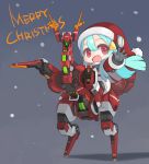  1girl aqua_hair bangs chibi commentary fur-trimmed_hat fur-trimmed_sleeves fur_trim glowing glowing_eye hair_between_eyes hair_ornament hat long_hair mecha merry_christmas open_mouth original outstretched_hand parted_bangs pom_pom_(clothes) ran_system red_eyes riding santa_costume santa_hat snow 