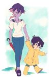  1boy 1girl black_hair boots child closed_umbrella facial_mark grey_eyes hand_holding hyakujuu-ou_golion jewelry keith_(voltron) krolia miyata_(lhr) mother_and_son necklace pants pointy_ears puddle purple_hair purple_skin raincoat rubber_boots sandals smile umbrella violet_eyes voltron:_legendary_defender walking yellow_sclera younger 