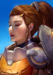  1girl absurdres armor brigitte_(overwatch) brown_hair closed_eyes commentary deviantart_username face full_armor highres lips long_hair overwatch parted_lips ponytail raphire red_lips shoulder_armor signature solo sweat sweatdrop 