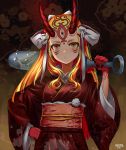  1girl absurdres blonde_hair facial_mark fate/grand_order fate_(series) hand_on_hip highres holding holding_weapon horns ibaraki_douji_(fate/grand_order) japanese_clothes kimono long_hair looking_at_viewer makise_medaka oni sash slit_pupils solo weapon yellow_eyes 