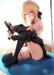  1girl artoria_pendragon_(all) artoria_pendragon_(swimsuit_rider_alter) bare_shoulders bikini black_bikini black_legwear black_ribbon black_sweater blonde_hair blush braid breasts closed_mouth commentary fate/grand_order fate_(series) french_braid frills gun hair_between_eyes highres holding holding_gun holding_own_arm holding_weapon kano_(kanokano44) leg_up maid_headdress ribbon saber_alter sideboob sidelocks sitting sweater swimsuit thigh-highs thigh_strap weapon yellow_eyes 
