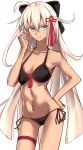  1girl absurdres bangs bikini black_bikini black_bow blush bow breasts cleavage collarbone cowboy_shot fate_(series) groin hair_between_eyes hair_bow hair_ribbon highres koha-ace long_hair looking_at_viewer medium_breasts navel okita_souji_alter_(fate) red_ribbon ribbon side-tie_bikini silver_hair simple_background solo standing swimsuit thigh_strap very_long_hair white_background yellow_eyes yuchio 