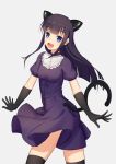  1girl :d anarchojs animal_ears bangs black_gloves black_hair black_legwear blue_eyes blunt_bangs cat_ears cat_tail cowboy_shot dress elbow_gloves eyebrows_visible_through_hair gloves grey_background highres hime_cut long_hair looking_at_viewer open_mouth purple_dress short_dress short_sleeves sidelocks simple_background smile solo standing tail thigh-highs working!! yamada_aoi 