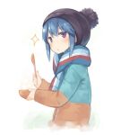  1girl beanie blue_hair bowl coat commentary_request from_side hat holding holding_spoon long_sleeves looking_at_viewer looking_to_the_side poco_(asahi_age) scarf shima_rin simple_background solo sparkle spoon upper_body violet_eyes white_background winter_clothes winter_coat yurucamp 