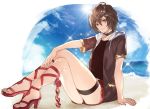  1boy alternate_costume arm_support beach brown_hair closed_mouth doushite granblue_fantasy high_heels looking_at_viewer male_focus red_footwear red_shorts sandalphon_(granblue_fantasy) sandals shorts smile solo thigh_strap 