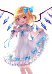  1girl alternate_costume arm_up bangs blonde_hair blue_bow bow cropped_legs dress eyebrows_visible_through_hair fang feet_out_of_frame flandre_scarlet flat_chest frilled_skirt frills hair_bow index_finger_raised lifted_by_self looking_at_viewer no_hat no_headwear open_mouth red_eyes sakipsakip side_ponytail simple_background skirt skirt_lift sleeveless sleeveless_dress solo swept_bangs touhou white_background white_dress wings 