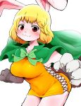  1girl animal_ears blonde_hair blush breasts cape carrot_(one_piece) covered_navel dagashi_(daga2626) furry green_cape highres looking_at_viewer medium_breasts one_piece rabbit_ears red_eyes short_hair simple_background solo white_background 