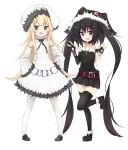  2girls :d amano_kouki animal_ears animal_hat bangs belt_buckle black_bow black_choker black_dress black_footwear black_gloves black_hair black_hat black_legwear blonde_hair blush bow brown_belt buckle choker cross cross_necklace detached_sleeves double_v dress elbow_gloves eyebrows_visible_through_hair fingerless_gloves fur-trimmed_boots fur-trimmed_dress fur-trimmed_gloves fur-trimmed_hat fur-trimmed_sleeves fur_trim glint gloves green_eyes hair_between_eyes hands_on_hips hands_up hat heterochromia highres jewelry latin_cross loafers long_hair long_sleeves multiple_girls necklace note-chan open_mouth original pantyhose pigeon-toed shoes simple_background single_elbow_glove smile standing standing_on_one_leg strapless strapless_dress thigh-highs twintails v v-shaped_eyebrows very_long_hair violet_eyes white_background white_dress white_hat white_legwear wide_sleeves 