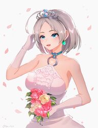  1girl :d ahoge bangs bare_shoulders blue_eyes bouquet breasts collarbone dragon_quest dragon_quest_x dress earrings elbow_gloves flower gloves grey_hair halter_dress halterneck hand_up holding holding_bouquet huge_ahoge jewelry kz_ripo large_breasts leaf o-ring open_mouth parted_bangs petals pink_flower riin_(dq10) short_hair smile solo tiara twitter_username upper_body white_dress white_flower white_gloves 