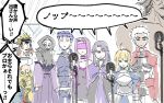 3girls 6+girls ahoge archer artoria_pendragon_(all) assassin_(fate/stay_night) bare_shoulders berserker blindfold blonde_hair blue_hair brown_hair caster chibi cloak collar commentary_request fate/stay_night fate_(series) gauntlets gilgamesh juliet_sleeves karasaki keikenchi_(style) koha-ace lancer long_hair long_sleeves microphone multiple_girls no_nose nose_bubble oda_nobunaga_(fate) pointy_ears puffy_sleeves purple_hair rider saber short_hair sketch skull_mask sleeping true_assassin white_hair 