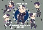  &gt;_&lt; 1boy 2018 black_hair bodysuit bound bound_wrists chibi crossed_arms dated facial_hair facial_scar fingerless_gloves gloves glowing glowing_hand grey_eyes hands_on_hips happy_birthday hyakujuu-ou_golion looking_back male_focus miyata_(lhr) multicolored_hair open_mouth scar star sweat takashi_shirogane two-tone_hair uniform voltron:_legendary_defender white_hair 