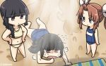  3girls ahoge black_hair braid brown_eyes commentary_request dated full_body hair_ribbon hamu_koutarou hands_on_hips hatsuyuki_(kantai_collection) highres kagerou_(kantai_collection) kantai_collection kitakami_(kantai_collection) long_hair lying multiple_girls navel on_stomach open_mouth orange_hair ribbon sand school_swimsuit standing sweat swimsuit twintails violet_eyes 