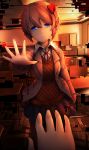  1girl absurdres blue_eyes blue_skirt bow classroom commentary desk doki_doki_literature_club english_commentary glitch hair_between_eyes hair_bow highres looking_at_viewer outstretched_arm pov pov_hands red_bow sayori_(doki_doki_literature_club) school_desk school_uniform short_hair skirt solo sunset tsukimaru 