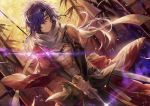  1boy bare_chest closed_mouth dutch_angle fate/grand_order fate_(series) hair_over_one_eye holding holding_sword holding_weapon japanese_clothes looking_at_viewer male_focus messy_hair okada_izou_(fate) purple_hair scarf smile solo sword tsugutoku weapon yellow_eyes 